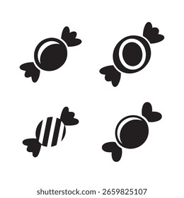 Quatro ícones estilizados de vários tipos de doces, apresentados contra um fundo branco puro.