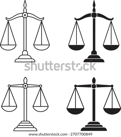 Four stylized illustrations of balance scales, two in outline and two in solid black, representing justice and equilibrium.