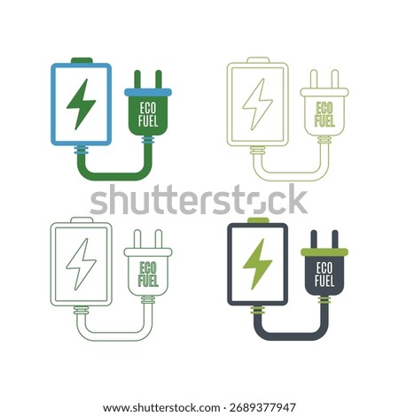 Four stylized illustrations of a battery and plug icon, representing charging and energy, in various color and line art styles.