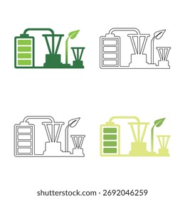Quatro ilustrações estilizadas de uma bateria alimentando uma fábrica e um copo, representando energia renovável e tecnologia ecologicamente correta.