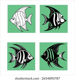 Four stylized illustrations of a black and white striped angelfish on a green background