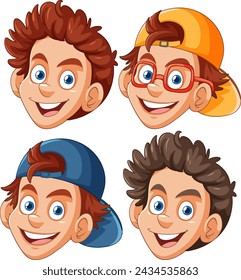 Four stylized illustrations of a cheerful boy