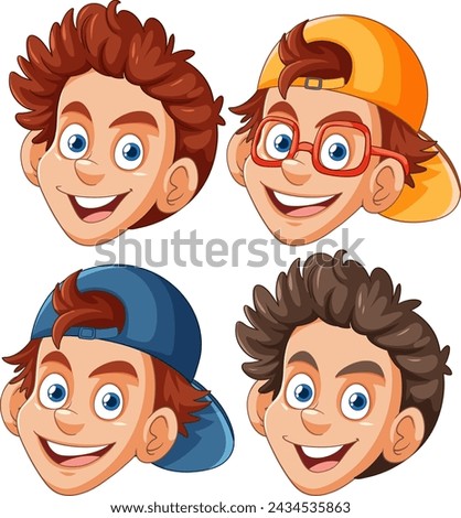 Four stylized illustrations of a cheerful boy