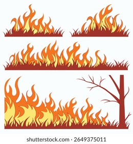 Quatro ilustrações estilizadas mostram chamas na grama com uma árvore nua. As cores incluem laranja, amarelo, vermelho e marrom.