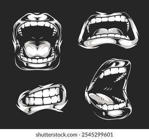 Quatro ilustrações estilizadas exibem várias expressões de boca aberta com dentes afiados e desenhos distintos. O fundo escuro contrastante melhora os detalhes vívidos de cada expressão.