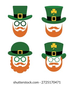 Vier stilisierte Illustrationen von Koboldgesichtern, die jeweils einen grünen Hut mit einer goldenen Schnalle und einem Shamrock-Emblem tragen, mit orangefarbenen Bärten und Schnurrbärten und runden Gläsern.