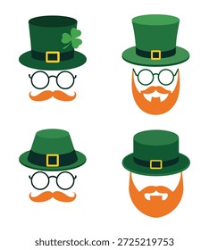 Cuatro ilustraciones estilizadas de rostros de duende, cada una con un sombrero verde, gafas redondas y un bigote o barba. Dos caras tienen bigote y dos tienen barba. Uno que tiene un trébol.