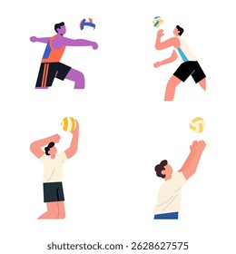 Four stylized illustrations of men playing volleyball, showcasing different action shots.