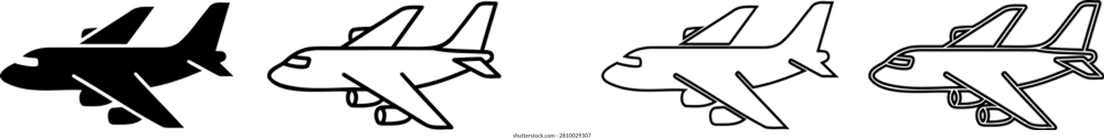 Four stylized jet airplanes in flight sequence illustration