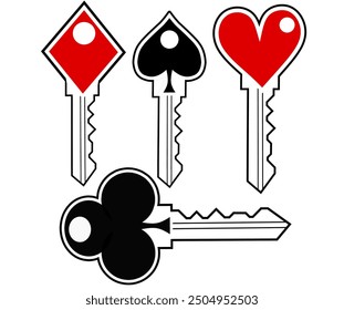 Four stylized keys, each with a different playing card symbol for the head. A playful design that combines the concepts of gaming and security.