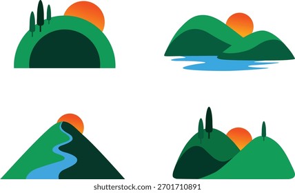 Four Stylized Landscape Illustrations With Sun Trees And Water nature graphic
