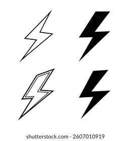 Four stylized lightning bolt icons in black and white.