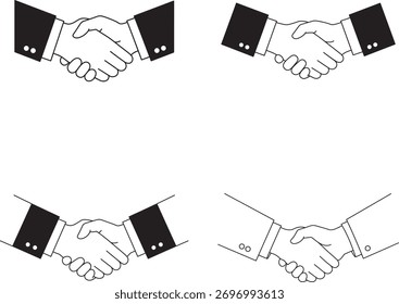 Cuatro ilustraciones estilizadas de arte lineal de personas de negocios dándose la mano, simbolizando el Acuerdo, la colaboración y la confianza.