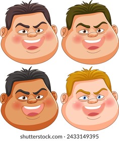 Four stylized male faces showing different expressions.