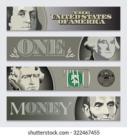 Four stylized money banners