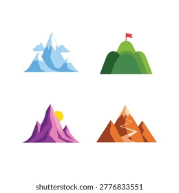 Four stylized mountain scenes show snowy blue peaks, green hills with a red flag, purple peaks with sun, and orange peaks with a winding trail.