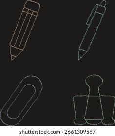 Four stylized office tools rendered with colored chalk texture—two pencils, a paperclip, and a binder clip—arranged over a dark backdrop to suggest workspace accessories