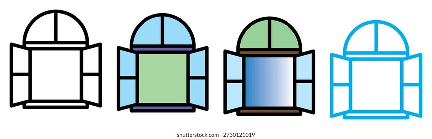 Four stylized open window icons featuring arched tops and wide-open shutters in different color schemes