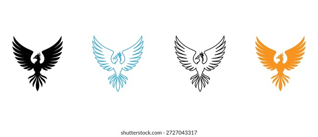 Quatro logotipos estilizados de pássaro fênix em preto, azul, cinza e laranja no branco