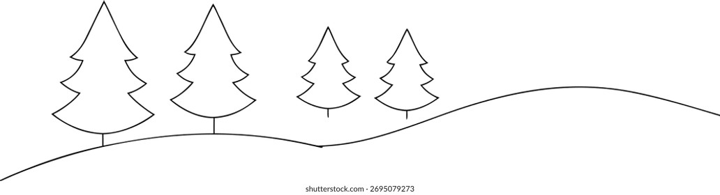 Four stylized pine trees on a rolling hill evergreen