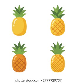 Four stylized pineapples with green leaves showcase variations in color and texture for summer themes