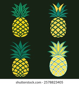 Four stylized pineapples in yellow and green against a dark background.