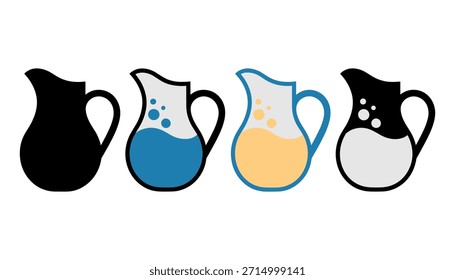 Vier stilisierte Pitcher mit unterschiedlichen Flüssigfarben und Füllständen und einem massiven schwarzen Pitcher-Behälter