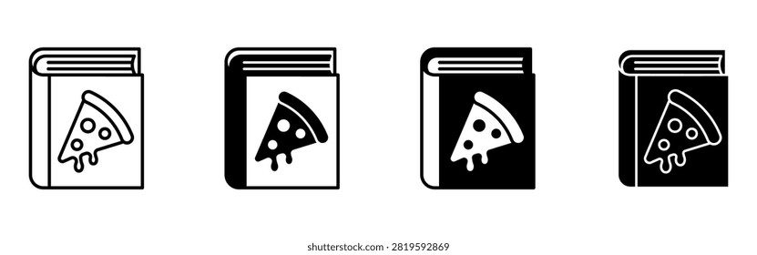 Four stylized pizza recipe book icons in black and white