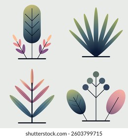 Four stylized plant illustrations featuring soft gradients, minimal stems, and colorful leaves in a fresh modern style