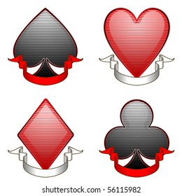 Four stylized playing card suites with banners