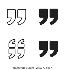 Four stylized quotation mark icons in minimalist black and white grid showing outlined and filled versions of opening and closing marks with modern abstract typographic design style