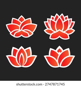 Four Stylized Red Lotus Flower Icons Set Isolated On Black Background