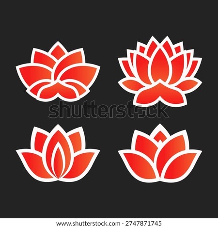 Four Stylized Red Lotus Flower Icons Set Isolated On Black Background