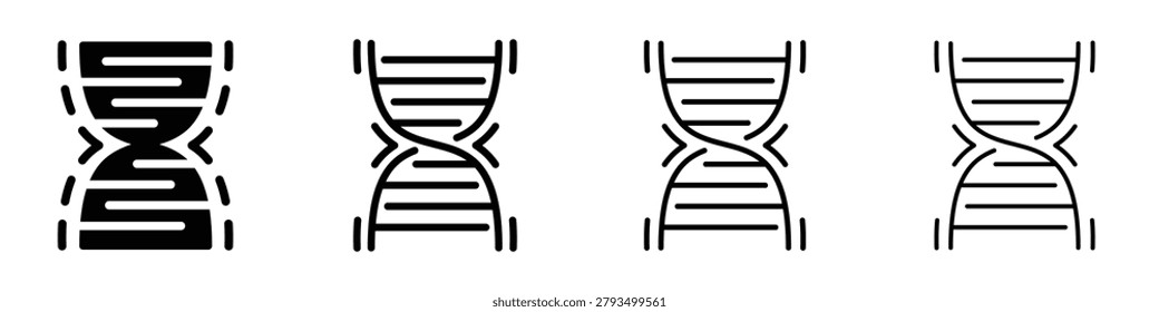 Four stylized representations of the DNA double helix, showcasing different icon styles for scientific and medical applications