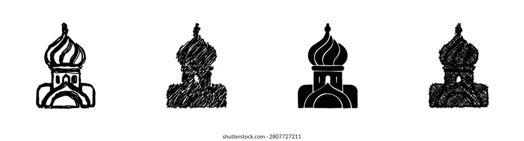 Four stylized representations of onion domes, varying in texture and detail, are presented side-by-side for comparison and design use