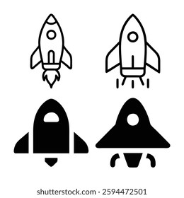 Four stylized rocket ship icons in black and white.