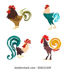 Four stylized roosters on a light background. Vector illustration of roosters, symbol of 2017 on the Chinese calendar. Element for New Year's design. Set of cartoon characters.