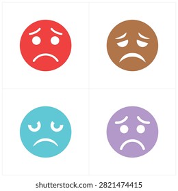 Four stylized sad face emojis in bright red brown teal and purple tones perfect for illustrating emotions in marketing presentations apps or social media graphics