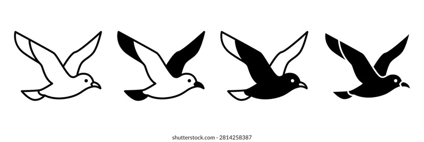Four stylized seagull silhouettes showing flight motion evoking coastal summer atmosphere