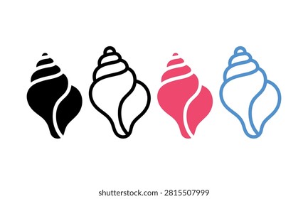 Four stylized seashells in black, white, pink, and blue outline vector illustration