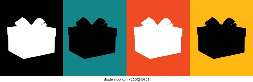 Four stylized silhouettes of gift boxes with bows are arranged horizontally. 