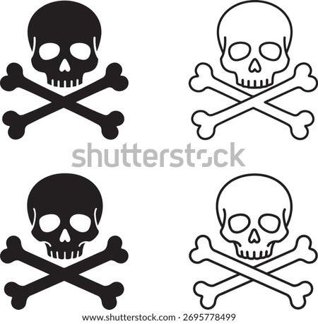 Four stylized skull and crossbones symbols, two in black and two in white, representing danger and warning.