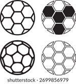 Four stylized soccer balls, two outlined and two with black and white panels, presented in a grid.