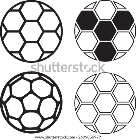 Four stylized soccer balls, two outlined and two with black and white panels, presented in a grid.