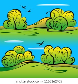 four stylized trees against a blue sky in autumn