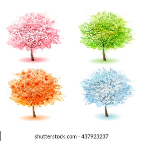 Four stylized trees representing different seasons. Vector.