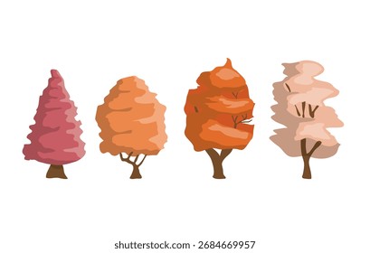 Four stylized trees stand in a row, displaying autumn colors against a white background vector illustration
