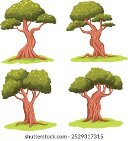 Four stylized trees with thick brown trunks isolated on a white background. Each tree has a unique canopy shape, showcasing different forms and structures.