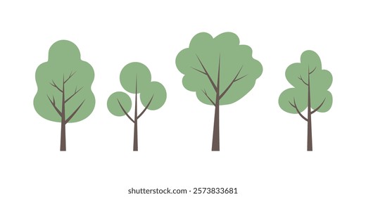 Four stylized trees in various sizes against a white background