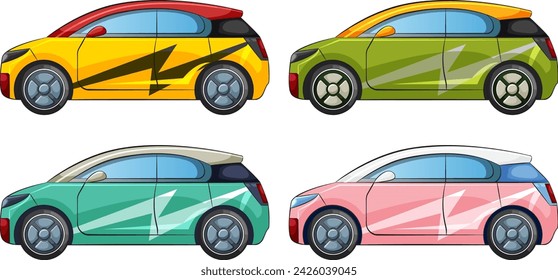 Four stylized vector cars with vibrant patterns